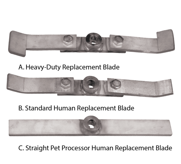 three different kinds of cremation processor blades.