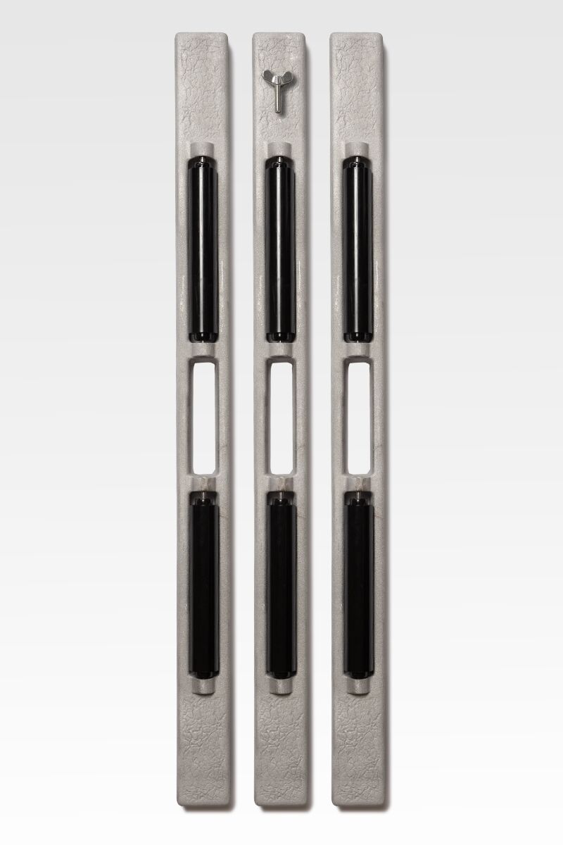 Three elongated, vertical Casket Roller Bars with black handles are positioned parallel to each other against a plain background.