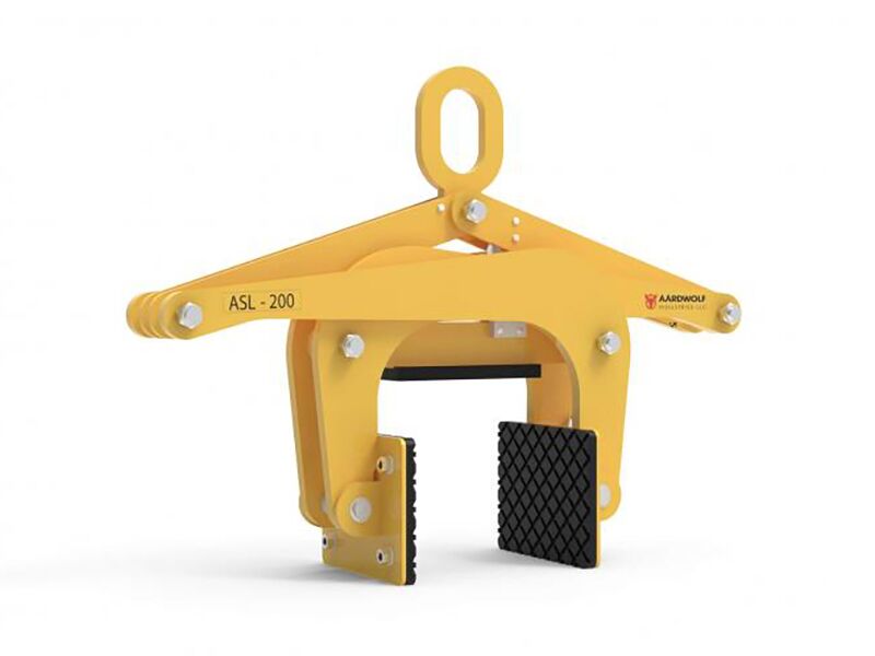 Yellow Aardwolf ASL-200 stone lifter clamp, complete with Setting Bar (Copy), a hook, and rubber-padded grips.