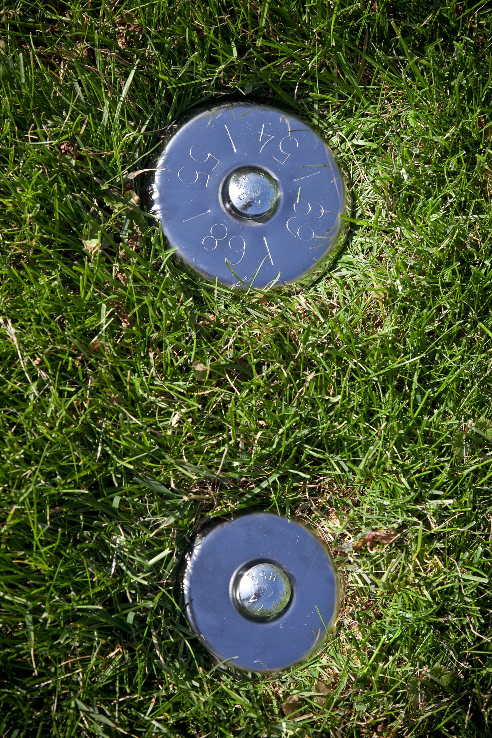 Two **Stainless Steel Lot Markers** embedded in grass, the top one displays numbers 54 and 59, while the bottom one has no apparent markings.